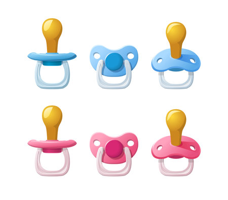 realistic vector icon illustration set. Cartoon style flat baby girl and boy pacifiers. In pink and blue color. Isolated.のイラスト素材