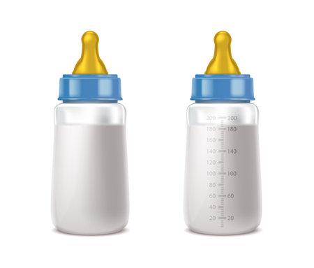 realistic vector icon illustration set. Baby boy bottle blue set. Isolated.のイラスト素材