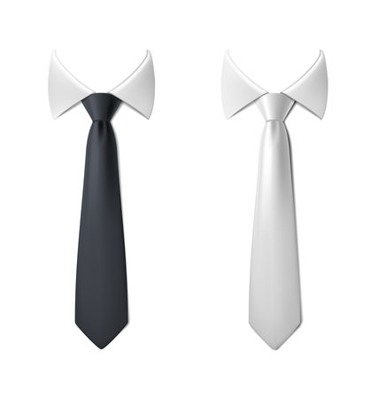 realistic vector icon illustration set. Black and white neck tie with white collar bow.のイラスト素材