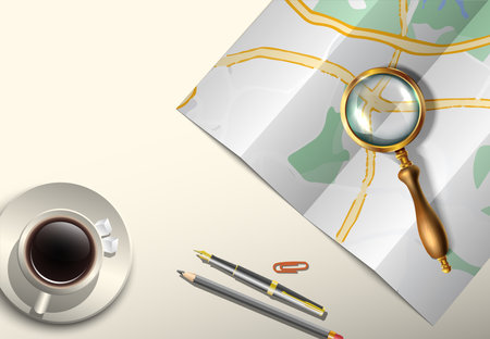 background. Travel banner with map and magnifying glass.のイラスト素材