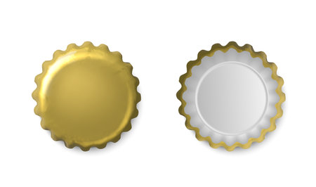 realistic vector icon. Golden crown bottle caps top and bottom view. Isolated on white background.のイラスト素材