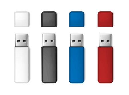 realistic vector icon set. White, blue, red and black usb flash drive mock up.