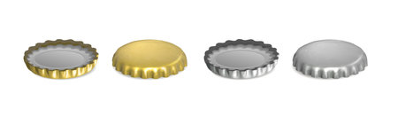 realistic vector icon. Gold and silver set of beer caps in top and bottom view. Isolated on white.のイラスト素材