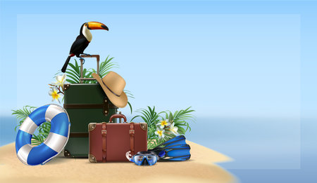 realistic vector illustration. Travel background. Sea view view with luggage, hat, exotic bird and snorkeling mask.のイラスト素材