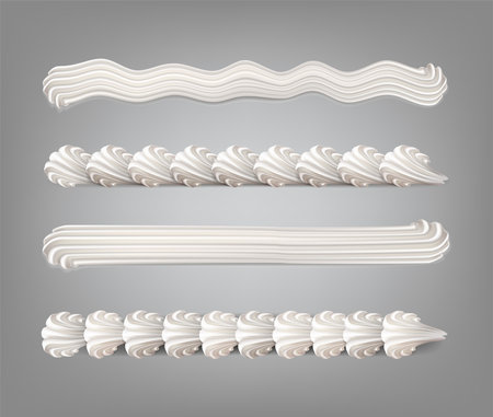 realistic vector icon set. Baker cream. Whiped cream border pattern from piping bag.のイラスト素材