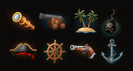 cartoon style 3d icons. Pirate concept. Binocular, gun machine, palms, bomb, pirate hat, ship wheel, gun, ancor.のイラスト素材
