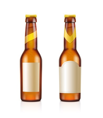 realistic vector icon. Set of brown transparent beer bottles with blank label. isolated on white background.のイラスト素材