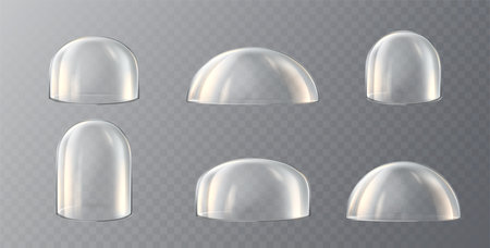 Collection of glass domes. realistic vector icon. Transparent protective cover. Snow globe or kitchen glassware.のイラスト素材