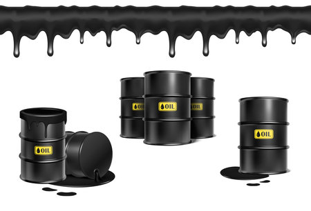 realistic vector icon illustartion. Hazard barrel in black oil splash, liquid splash and drops. Isolated on white background.のイラスト素材