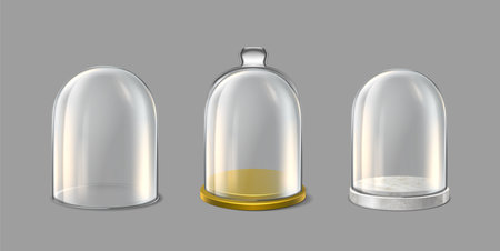 Collection of glass domes on the golden tray, marble and without. realistic vector icon. Transparent protective cover. Snow globe, souvenir or kitchen glassware.のイラスト素材