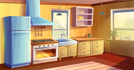 cartoon style illustration of kitchen room. Dining room. Fridge, oven with a stove and hob, sink, kabinets and extractor hood.のイラスト素材