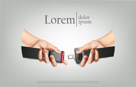 realistic vector illustration. Horizontal orientation. Hands fastening seat belt. Warning driving banner on gray background.のイラスト素材