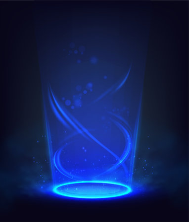 Vector sci-fi illustration. Tech background. Spiral glowing blue portal, hologram effect.のイラスト素材