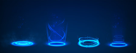 set of circle portal teleports with light glowing in the dark.のイラスト素材