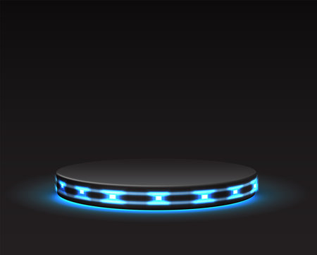3d realistic vector round stage on dark background. Sci-fi glowing tech stage.のイラスト素材