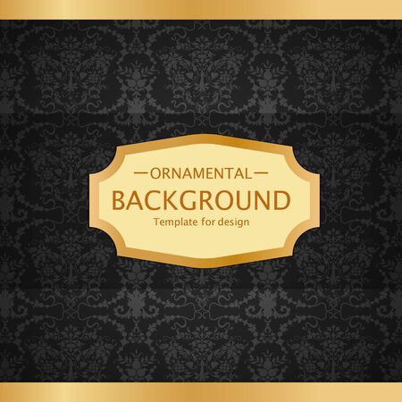 A luxury vintage vector card. Black background with beautiful ornaments and golden frame.のイラスト素材