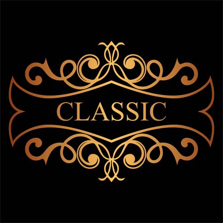 Golden vintage calligraphic label. Ornate logo template for design of invitations, greeting cards, banners, posters, placards, badges, hotel, restaurant, business identity. Vector illustration.のイラスト素材