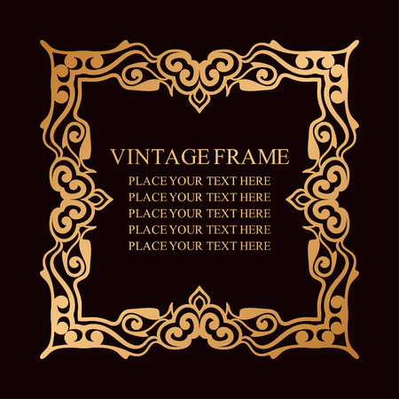 Vintage decorative golden frame. Elegant ornamental template for design of birthday and greeting card, wedding invitation with place for text. Vector illustrationのイラスト素材