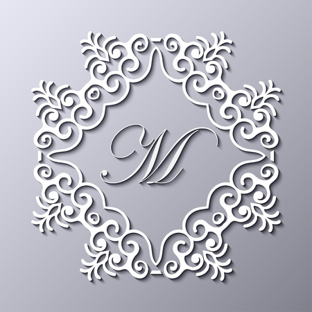 Old vintage frame logo monogram with decorative ornate vintage border, retro elements. Vector illustration. Beautiful filigree ornamental template of monogram for design of frames or logosのイラスト素材
