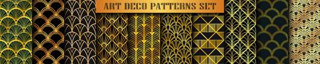 Art Deco Patterns set collection. Golden luxury backgrounds. Fan scales ornaments. Geometric decorative digital papers. Vector line design. 1920-30s motifsのイラスト素材