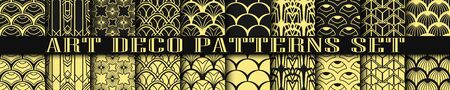 Art Deco Patterns set collection. Golden luxury backgrounds. Fan scales ornaments. Geometric decorative digital papers. Vector line design. 1920-30s motifsのイラスト素材