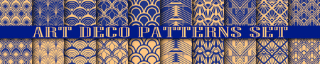 Art Deco seamless patterns set. Retro vintage ornamental geometrical patterns, ornate textures. Set and collection of element for designのイラスト素材