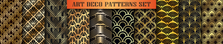 Art Deco seamless patterns set. Retro vintage ornamental geometrical patterns, ornate textures. Set and collection of element for designのイラスト素材