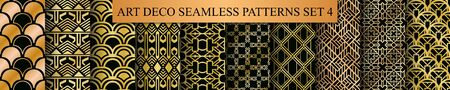 Art Deco Patterns Set. Golden backgrounds. Fan scales ornaments. Geometric decorative digital papers.  Luxury vintage illustration for designのイラスト素材