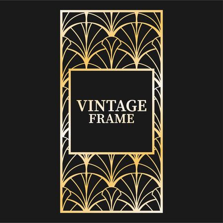 Beautiful vintage art deco frame on black background. Classic ornament. Decorative design. Ornamental golden old border. Vector illustrationのイラスト素材
