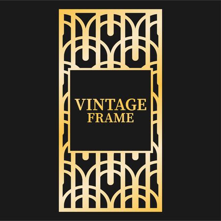 Beautiful art deco invitation with golden ornamental vintage frame on black background for design. Vintage ornament. Vector illustrationのイラスト素材