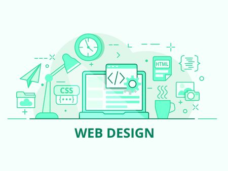 Web design monochrome green flat line vector illustration. Programming work concept.のイラスト素材