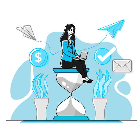 Business women sitting on hourglass. Business Time Management concept.のイラスト素材