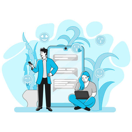 Mang and girl communicatin via smartphone. Social messaging conceptのイラスト素材