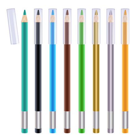 Set of colorful eye liners. Cosmetic pencils illustration. Green, blue, brown, black, orange and metallics.のイラスト素材