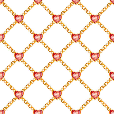 Seamless pattern with crossed golden chains and red heart gemstones. Jewelry background.のイラスト素材