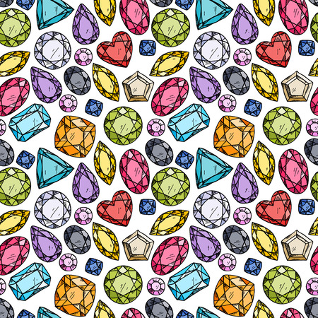 Seamless pattern of colorful jewels. Hand drawn gemstones. Sketch style illustration.のイラスト素材