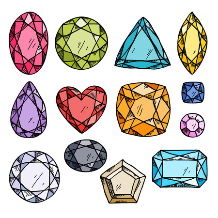Set of colorful jewels. Hand drawn gemstones. Sketch style illustration.のイラスト素材