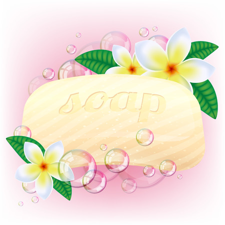 Yellow soap bar with bubbles and white flowers on pink background.のイラスト素材