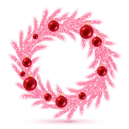 Stylish pink christmas tree wreath with decorations. Spruce branches with red christmas balls.のイラスト素材
