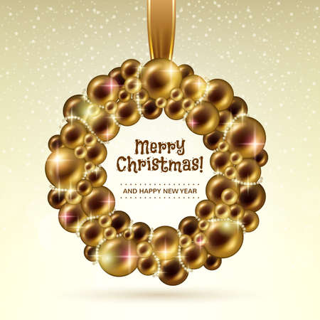 Golden glowing christmas balls wreath on ribbon. Holiday design.のイラスト素材