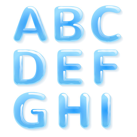 Blue water alphabet. Glossy letters isolated on white background.のイラスト素材