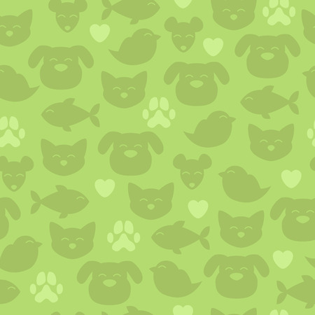Cheerful domestic animals seamless pattern. Green color. Cat, dog, fish, bird and mouse. Pet-shop background.のイラスト素材