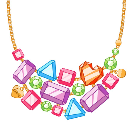 Hand drawn colorful necklace with golden chains and gemstones. Sketch style.のイラスト素材