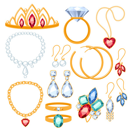 Set of jewelry items. Gold and gemstones precious accessorize.のイラスト素材
