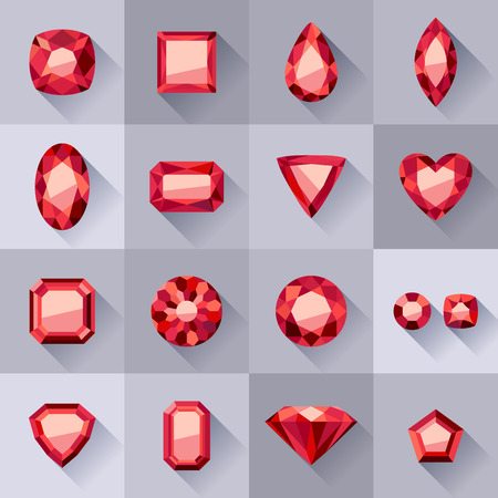 Set of flat style red jewels. Colorful gemstones. Rubies isolated on gray background.のイラスト素材