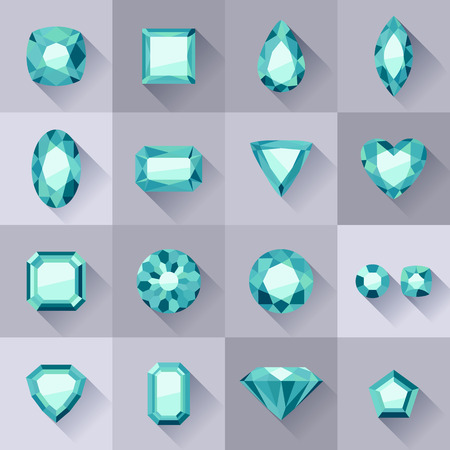 Set of flat style green jewels. Colorful gemstones. Emeralds isolated on gray background.のイラスト素材