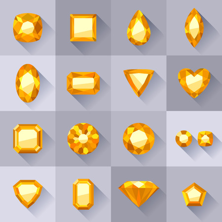 Set of flat style yellow jewels. Colorful gemstones. Beryls isolated on gray background.のイラスト素材