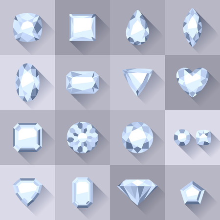 Set of flat style white jewels. Colorful gemstones. Diamonds isolated on gray background.のイラスト素材