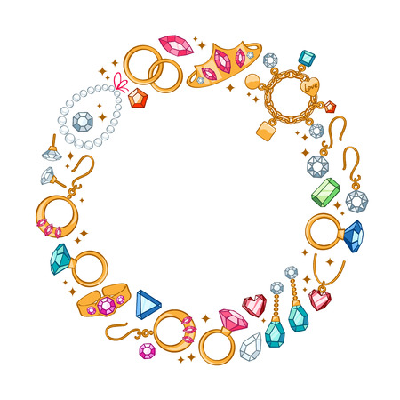 Jewelry items round frame background. Rings, earrings, pearl beads and gemstones. Good for greeting card design.のイラスト素材