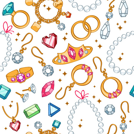 Jewelry items seamless light background. Pattern with rings, earrings, pearl beads and gemstones.のイラスト素材